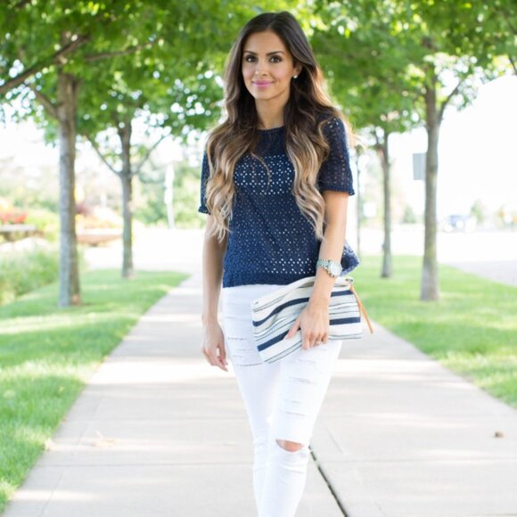 LOFT Geo Mix Eyelet Short Sleeve Navy Top - Picture 7 of 15